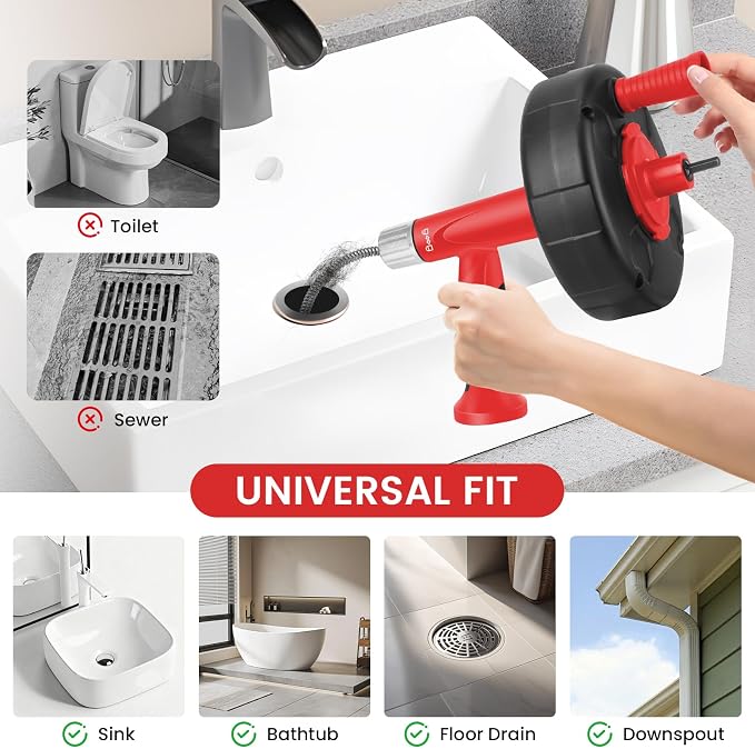 XJX Drain Auger, Plumbing Snake with Drill Adapter, 25FT Flexible Steel Drain Clog Remover, Manual or Powered for Kitchen, Bathroom & Shower Sink, with Gloves and Storage Bag Red