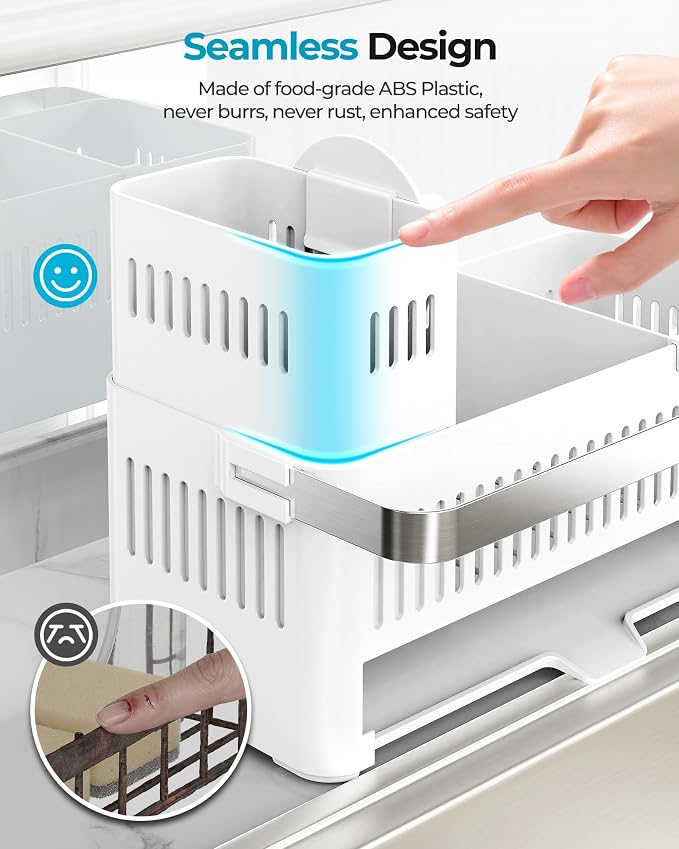 Nieifi Sponge Holder – White ABS Rust Sink Caddy with Towel Rack, 10.12" | Smiley sponge & brush holders with drainage to keep items dry. 4.5-inch depth. Kitchen counter organizer & essential storage.
