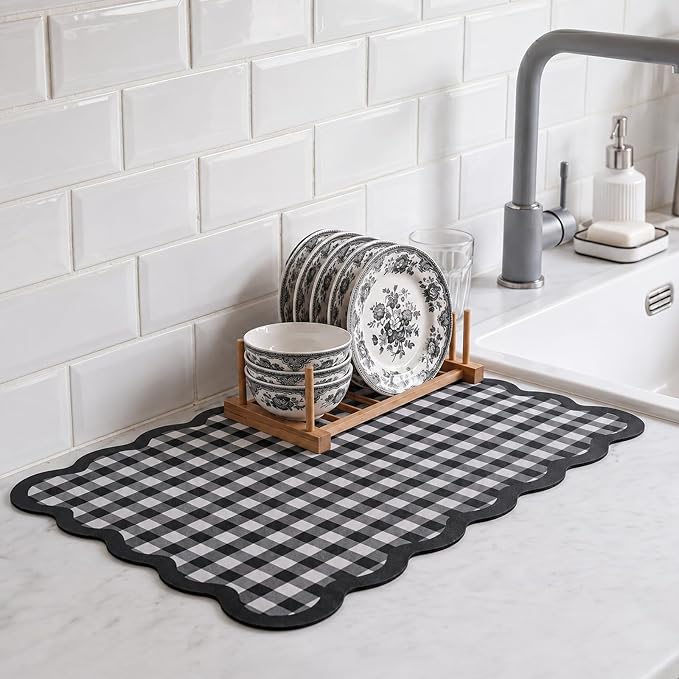 Scalloped Gingham Coffee Mat 12" x 20" Absorbent Coffee Bar Mat Gingham Espresso Matt for Counter(Black, White)