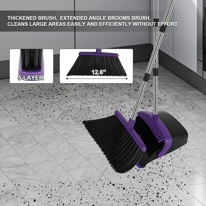 Purple Broom and Dustpan Combo Set, 55" Long Handle Broom | Large Area Outdoor Cleaning, Extended Reach Design, Built-in Comb Dustpan, Foldable Storage for Garage, Patio & Home