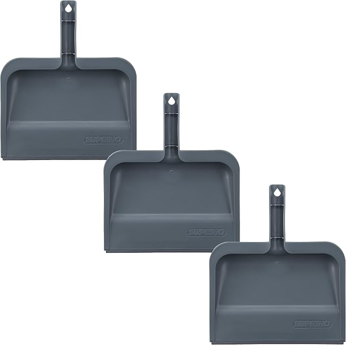 Superio Clip-On Dustpan with Rubber Lip - 10-inch Wide Durable Plastic Dust Pan with Comfort Grip Handle, Grey, 3-Pack