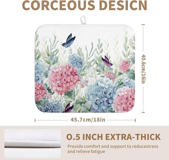 Spring Flowers Dish Drying Mat for Kitchen Counter Blue Pink Hydrangea Floral Drying Mats Absorbent Reversible Microfiber Dish Draining Mat Reusable Washable Dishes Pad Medium 16"x18"