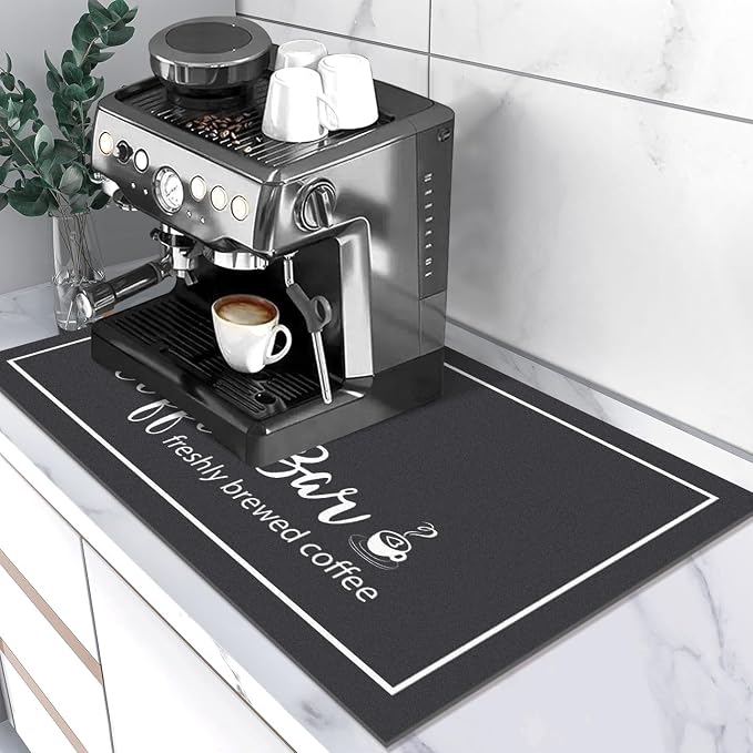 Findosom Dish Drying Mat, 16"x 24" Super Absorbent & Hide Stain Coffee Mat, Cuttable Drying Mat for Kitchen Counter, Coffee Bar Accessories, Under Dish Rack, Coffee Maker, Espresso Machine, Black