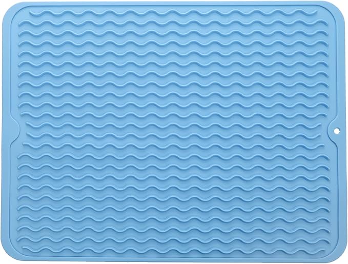 MicoYang Silicone Dish Drying Mat — Quick-Dry Ridges Counter & Sink Pad, Heat-Resistant Trivet to 450°F, Non-Slip & Dishwasher Safe, Roll-Up Storage, 18 Colors & 9 Sizes (Light Blue, 16"×12")