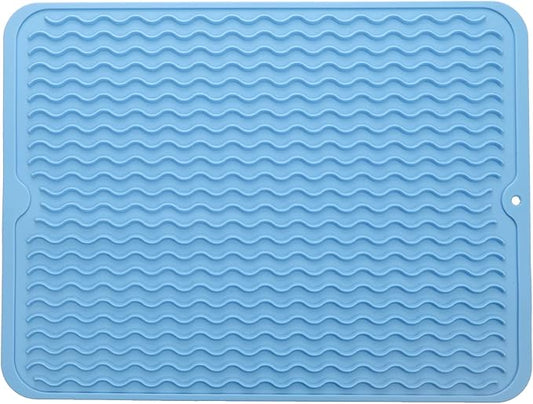 MicoYang Silicone Dish Drying Mat — Quick-Dry Ridges Counter & Sink Pad, Heat-Resistant Trivet to 450°F, Non-Slip & Dishwasher Safe, Roll-Up Storage, 18 Colors & 9 Sizes (Light Blue, 16"×12")
