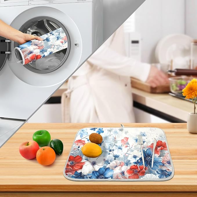 4th of July Patriotic Blue Red White Flowers Dish Drying Mat for Kitchen Ccounter Absorbent Microfiber Small Independence Day Drying Pad Dish Mats for Kitchen Countertops 16 x 18 Inch
