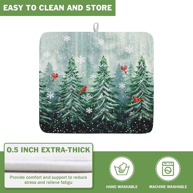 Welcome Winter Pines Tree Dish Drying Mat, Winter Snowflake Dish Drying Mat for Kitchen Counter, Red Birds Absorbent Fast Dry Dish Drainer Mat Protector Xmas Microfiber Dish Drying Pad 16"x18"