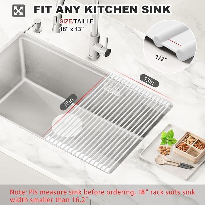 MERRYBOX Roll Up Dish Drying Rack, Silicone Wrapped Over The Sink Dish Rack Foldable Dish Drainer Anti-Slip Dish Racks for Kitchen Counter, Multipurpose Kitchen Sink Drying Rack, 18" x 13", White