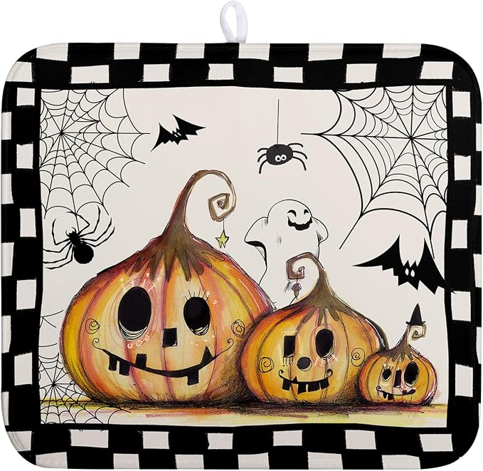 Halloween Kitchen Drying Mats for Dishes 16x18 In Orange Pumpkin Ghost Dish Drying Mat Black Bat Spiders Web Buffalo Plaid Dish Rack Mat Absorbent Microfiber Drying Pad for Kitchen Counter