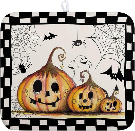 Halloween Kitchen Drying Mats for Dishes 16x18 In Orange Pumpkin Ghost Dish Drying Mat Black Bat Spiders Web Buffalo Plaid Dish Rack Mat Absorbent Microfiber Drying Pad for Kitchen Counter