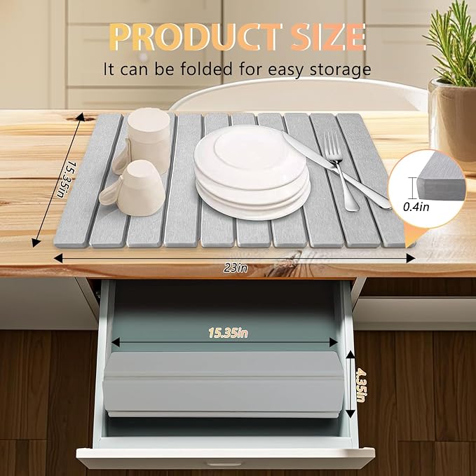 Large Stone Dish Drying Mat for Kitchen Counter, 24"×16" – Quick Drying Diatomaceous Earth, Super Absorbent, Non-Slip, Birthday Gfts for Women Mom Grandma