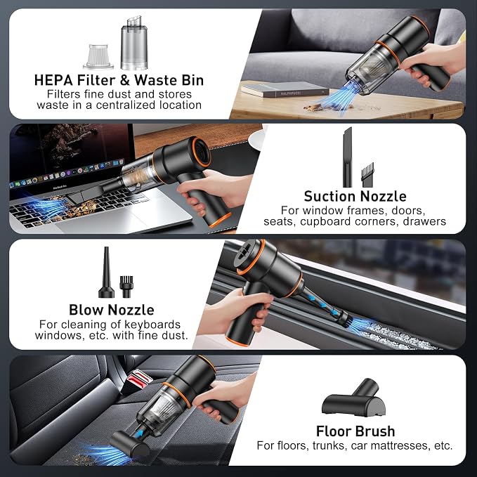 KMM Handheld Car Vacuum Cleaner, 9000PA Hand Held Vacuum & Air Duster | 120W High Power, Portable, Cordless, Rechargeable, Multi-Nozzles & LED Light, For Home, Car, Office