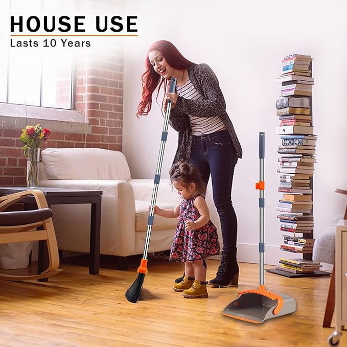 2-Pack is More economical,Upgraded Broom and Dustpan,with 52" Long Handle, Dustpan Teeth with self-Cleaning Function, Indoor and Outdoor Sweeping, Perfect for Home Office (Large Size/Orange /2-Pack)