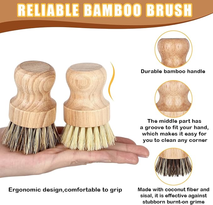 Nuenen 6 Packs Bamboo Dish Scrub Brushes Wooden Scrubbers Set Kitchen Dishwashing Scrubber with Natural Sisal Bristles for Iron Pot Pan Sink (Sisal and Coconut Palm)