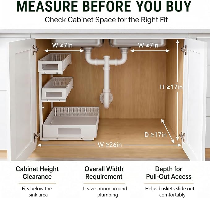 3 Tier Under Sink Organizer,1 Pack Pull Out Cabinet Shelves with Adjustable Height,Heavy Duty Carbon Steel L-Shaped Storage for Kitchen Bathroom Sink,Pantry & Laundry,White