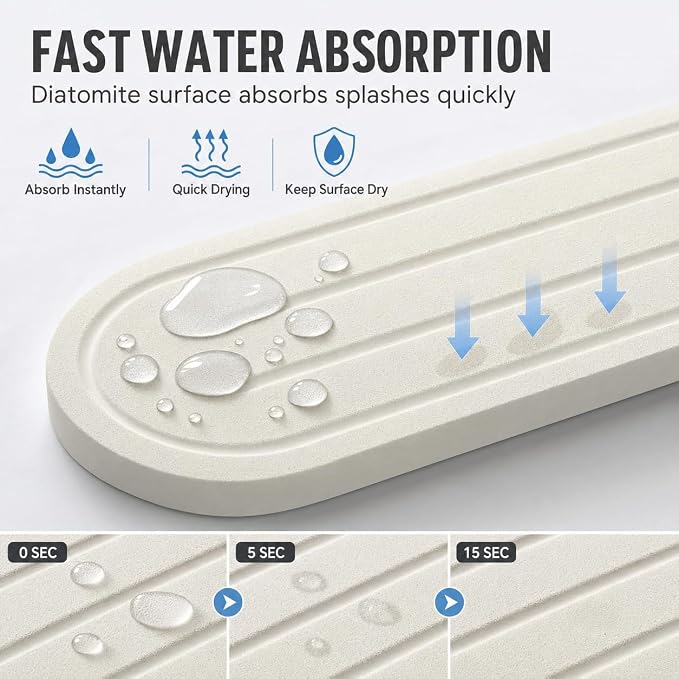 Razborci 2PCS Water Absorbing Stone Drying Tray Mat for Bathroom Sink & Kitchen Counter Faucet Organizer Decor, Quick Dry Dish Soap Dispenser Sponge Holder, Vanity Sink Caddy Coaster,White -10"*3.8"