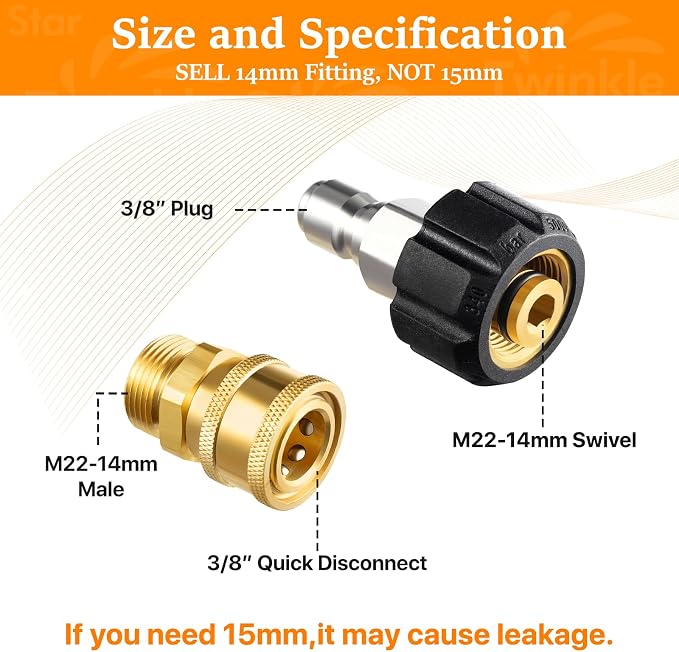Twinkle Star Pressure Washer Quick Disconnect Kit, 9 Sets | Pressure Washer Adapter Set, M22 14mm to 3/8" Quick Connect, 3/4" to Quick Release, Swivel Fittings