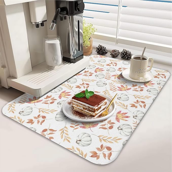 Fall Dish Drying Mat 2-Pack in White Pumpkin for Kitchen Counter Dishes | Diatom Mud Mats (18x24, 19.5x12"). Non-slip rubber back for kitchen counter, coffee bar & sink scenes