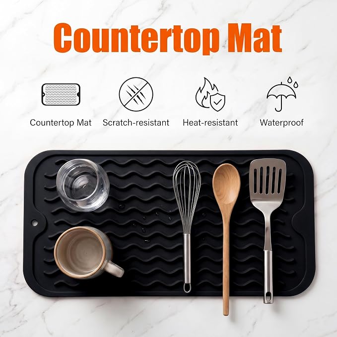 MicoYang Silicone Dish Drying Mat for Multiple Usage,Easy clean,Eco-friendly,Heat-resistant Silicone Mat for Kitchen Counter or Sink,Refrigerator or Drawer Liner Black S 12 inches x 6 inches
