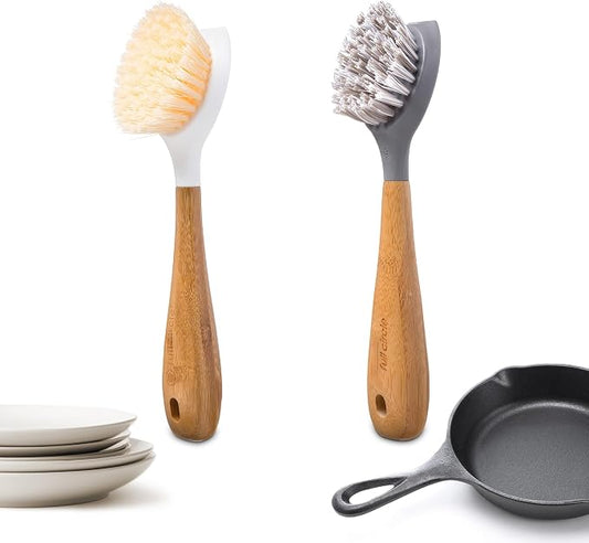 Full Circle Double Dish Brush Set – Durable Scrub Brushes for Dishes, Pots, Pans, and Cast Iron, Includes Daily Dish Brush & Skillet Strong Cast Iron Brush, Sustainable 2-Pack