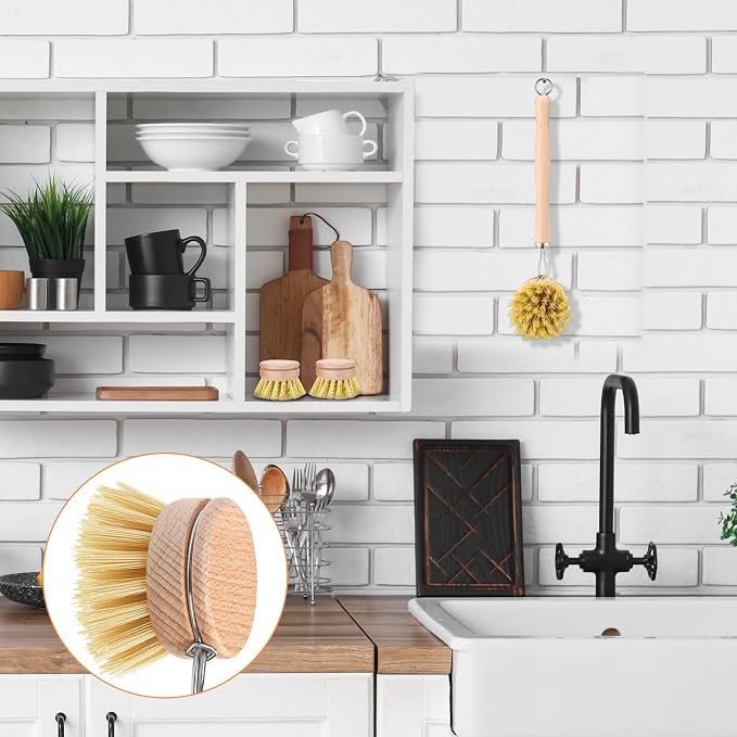 Boao 6 Pack Dish Brush with Beechwood Handle with Replacement Heads Natural Wood Dish Scrub Brush for Washing and Cleaning Pots and Pans