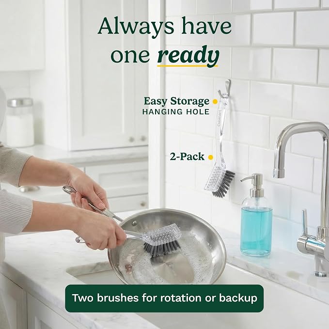 Cuisinart Dish Brush with Handle, 2 Pack, Firm Bristles | Multi-purpose dish scrubber for plates, pots, and pans, deep cleaning removes grease, safe for nonstick, built-in scraper
