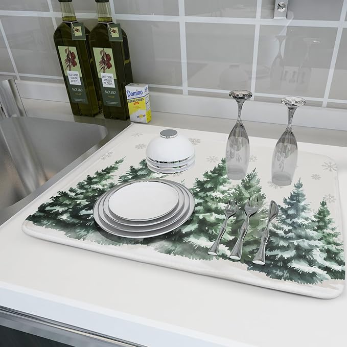 Winter Pine Tree Dish Drying Mat for Kitchen Counter 18x24 Inch Winter Decorative Dishes Mats Winter Absorbent Reversible Kitchen Drainer Pad Christmas Decorations Fast Dry Tableware Dishes Pad
