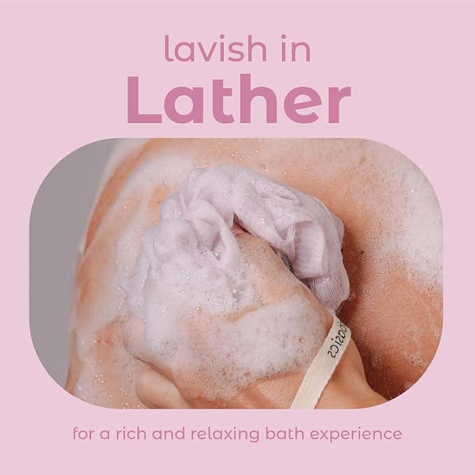 MainBasics Shower Loofah Sponge Pouf, Set of 3, Perfectly Pink | Soft Mesh Body Scrubber and Bath Sponge for Gentle Exfoliation, Rich Lather, and Everyday Shower Use