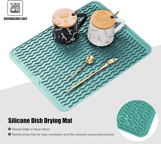 Large 17" x 14" Silicone Dish Drying Mat for Kitchen Counter, Easy clean, Quick Dry, Heat-resistant Dish Drainer Mat for Sink,Refrigerator or Drawer liner (Food Grade Silicone-Green)
