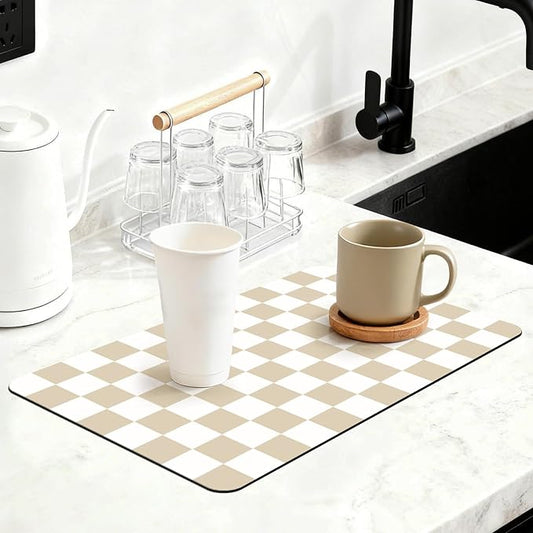 Checkered Dish Mat for Kitchen Coffee Station, 16" x 24" Beige | Quick Drying & Absorbent Mat for Coffee Bar Espresso Machine Countertops Accessories