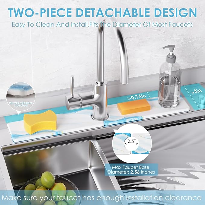 4-Piece Large Stone Dish Drying Mat for Kitchen Counter, 24"x16" Super Absorbent Diatomaceous Earth Drying Mat Set with Faucet Mat & Small Utility Mat, Rollable Quick Dry Pad for Dishes, Cups, Bottles
