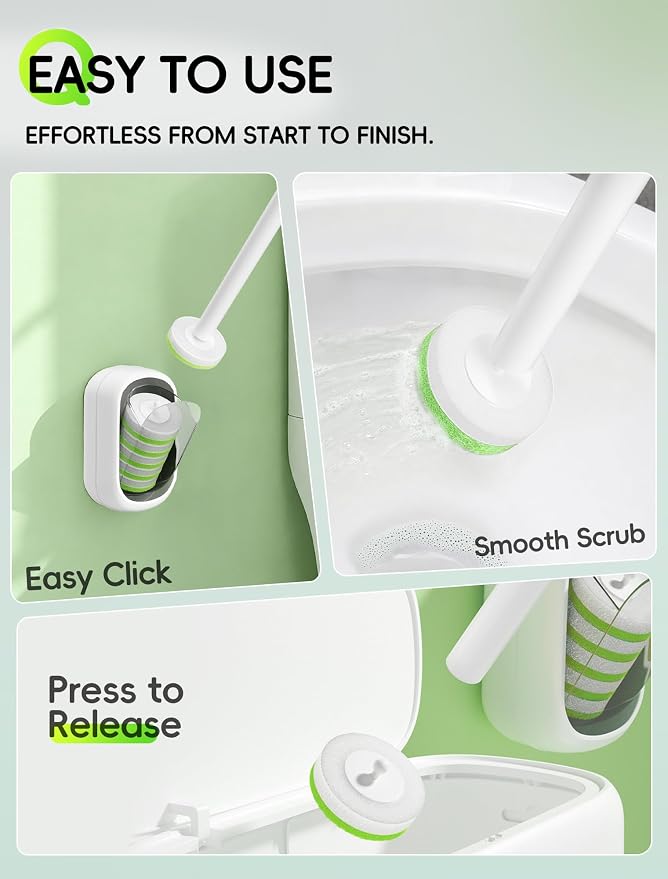 Wall Mounted Disposable Toilet Brush System with Holder, Toilet Bowl Cleaning Wand with Green Refills and One-Button Release, 1 Wand and Holder with 48 Green Refills