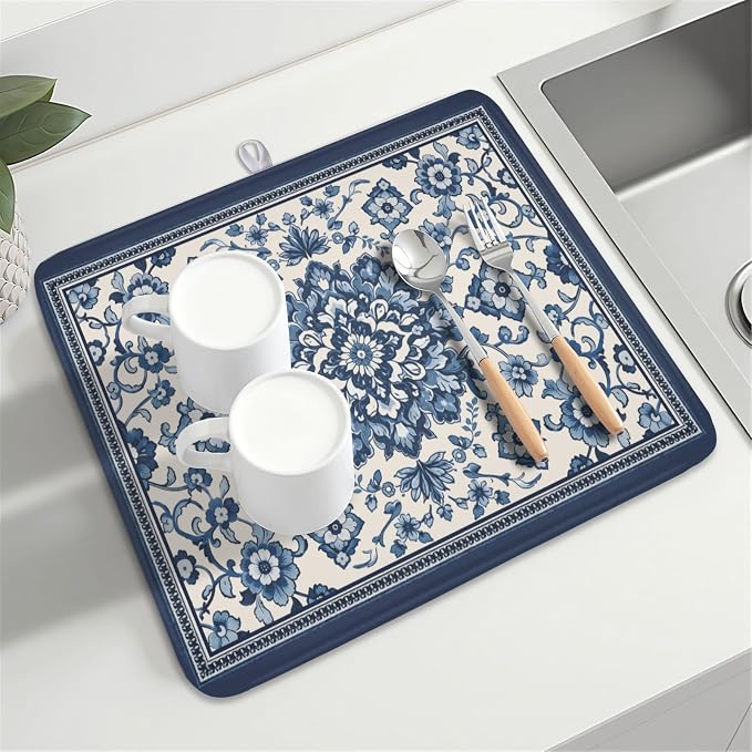 Blue Floral Dish Drying Mat for Kitchen Counter Vintage Flower Pattern Microfiber Dish Drainer Mat Rustic Farmhouse Absorbent Washable Drying Pad Extra Large 16"x18"