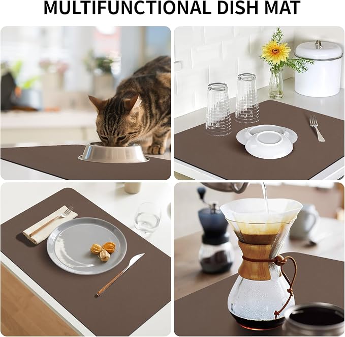 Dish Drying Mat, 16" x 24" Dish Drying Rack Pad with Rubber Backed, Absorbent Coffee Bar Mat for Kitchen Countertop, Easy to Clean Espresso Mats, Fit Under Coffee Machine, Brown