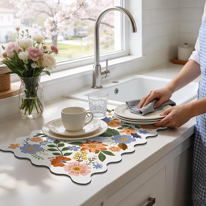 LOKHOM Scalloped Floral Dish Drying Mat, 12"x20" Super Absorbent Coffee Mat with Unique Spring Wildflowers, Cuttable Hide Stain Non-slip Drying Mat for Kitchen Counter Coffee Maker Espresso Machine