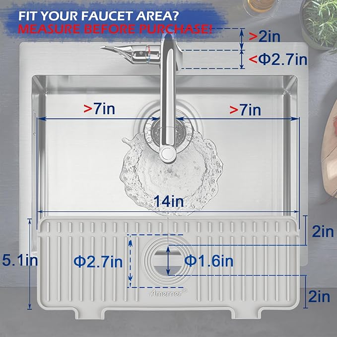 Amerner Kitchen Sink Splash Guard, Silicone Faucet Guard & Draining Mat, Bathroom and Kitchen Sink Organizer, Sink Faucet Mat Water Splash Guard Behind Faucet Accessories Gadgets, 14.2” x 5.1”, White