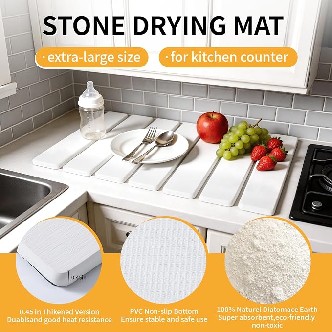 Stone Dish Drying Mat for Kitchen Counter, 16''×12'' Quick Dry Stone Dishes Mats Foldable Water Absorbing Diatomaceous Earth Drying Organizer Mat for Dishes Utensils Bottles Any Countertop(White)