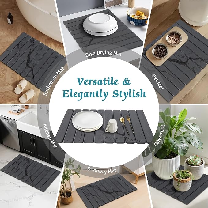 Stone Dish Drying Mat for Kitchen Counter, 24''×15'' Dishes Drying Matt Kitchen Counter, Absorbent Diatomaceous Earth Bath Quick Dry Mats for Tableware, Bottles and Cup(Dark Grey Marble)