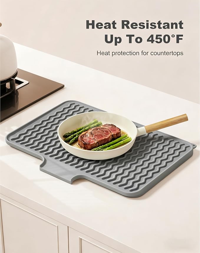 Rnivvi Silicone Dish Drying Mat for Kitchen Counter, 16 x 12" Fast Drainage Dish Rack Pad Drying Mats, Non-Slip Countertop Protector Heat Resistant Trivet, Easy to Clean Sink Drip Pad for Dishes, Gray