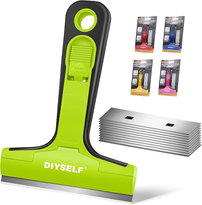 DIYSELF Razor Blade Scraper, 4 Inch Razor Blade Tool with 10 Blades | Razor Scraper Tool, Glass Scraper for Cleaning, Glass Stove Top Scraper, Window Scraper, Paint, Cooktop, Oven Scraper, Green