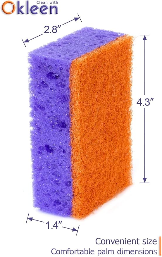 Purple and Orange Multi Use Scrub Sponges. Made in Europe. 18 Pack, 4.3x2.8x1.4 inches. Heavy Duty & Non Scratch Fiber. Odorless, Durable, Delicate, Rinse Clean Violet Scrubber
