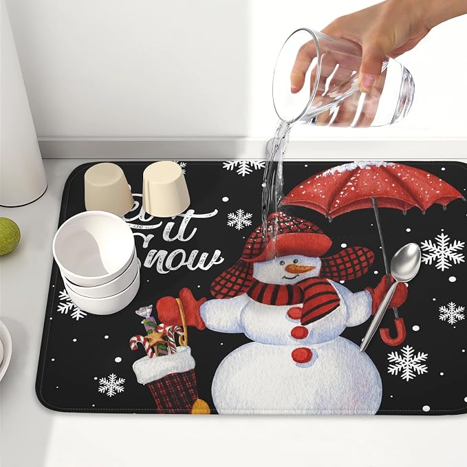 Black Snowman Dish Drying Mats for Kitchen Counter, Winter Snowflake Dish Mat Absorbent Reversible Microfiber Dish Drying Pad Christmas Kitchen Drying Mat Dish Drainer Rack Mats for Bar 18”x24”