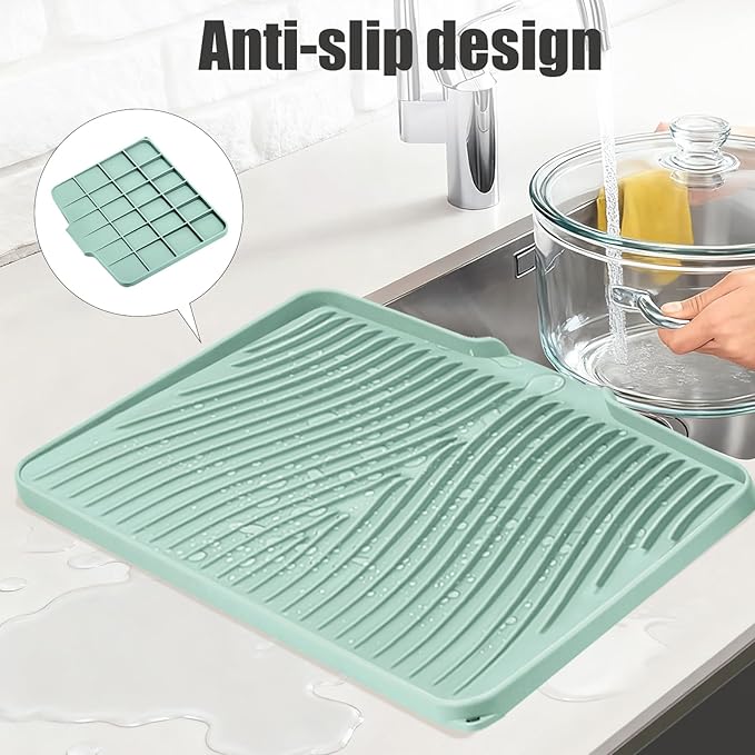 TIKNIK Silicone Dish Drying Mat for Kitchen Counter - Heat Resistant & Non-Slip Dish Drain Pad with Built-In Drain, Dishwasher Safe, Quick-Dry, Hangable & Roll-Up for Storage, Mint-1pcs, 20" x 15"