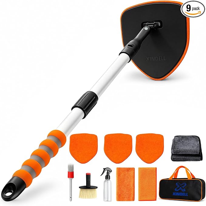 XINDELL Interior Windshield Cleaner Tool, Extendable Car Window Cleaning Kit with 360° Rotating Head, Interior Exterior Glass Cleaner for Cars Trucks SUVs, 10PCS with 3 Pads, Towels, Brushes & Bag | 360° Head, Extendable Handle, 3 Pads, 2 Brushes, 3 To...