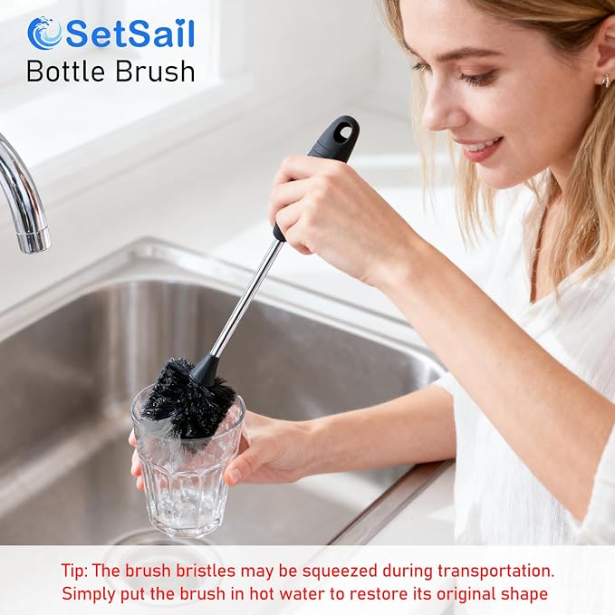SetSail Bottle Brush of 3 Pack, 14-in Long Stainless Steel Handle Water Bottle Cleaner Brush Non-Slip Grip Bottle Brushes for Cleaning Water Bottles Sport Bottles Coffee Mugs Glasswares Cups, Black