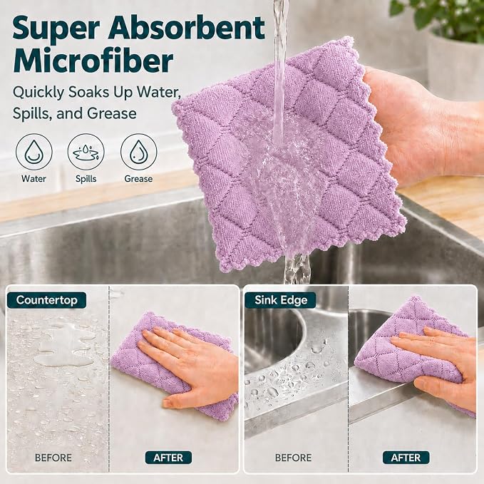kimteny 12 Pack Dish Cloths for Washing Dishes, Super Absorbent Microfiber Kitchen Dish Rags, Fast Drying Coral Velvet Dish Cloths for Kitchen Counter and Dishes (Purple-Grey)