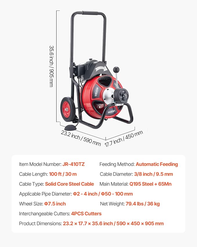 VEVOR Drain Cleaner Machine 100 FT x 3/8 Inch, Auto Feed Sewer Snake Auger on Wheels, Portable Drain Cleaning Machine with 4 Cutters & Air-activated Foot Switch for 2" to 4" Pipes