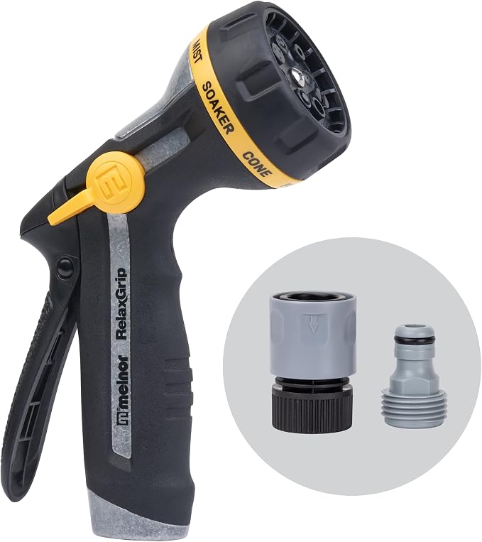 Melnor 65187AMZ RelaxGrip 8-Pattern Hose Nozzle with Quick Connect Bundle, Ergonomic Rear Trigger, Lightweight Water Nozzle, Arthritis Foundation Ease of Use Certified, Black, Yellow