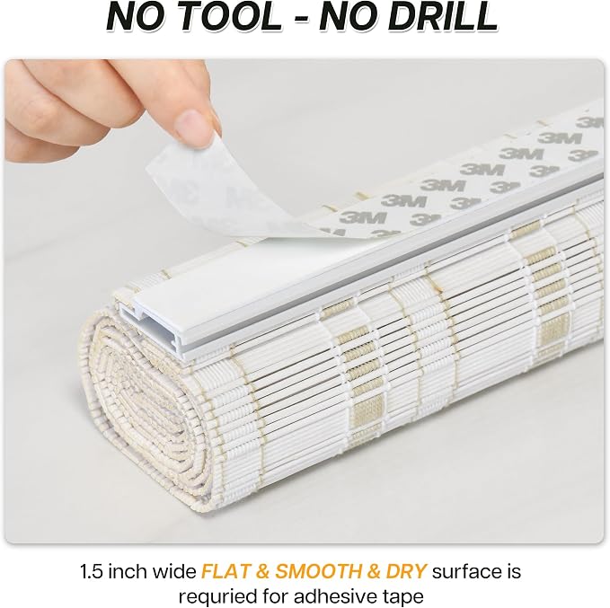 LazBlinds No Drill Bamboo Roller Shades, Whitewash B, 23" W x 64" H | No Tools Cordless Bamboo Blinds, Light Filtering Roll Up Blinds for Windows, French Door, Porch or Patio Privacy Screen