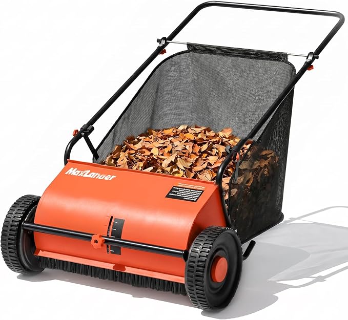 MAXLANDER 26" Lawn Sweeper for Leaves & Grass, Push Behind Yard Cleaner with 7 Cu.Ft. Hopper Bag, Adjustable Height Brushes & Smooth Rolling Rubber Wheels Grass Catchers